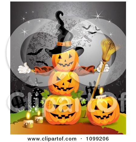 Clipart Stacked Halloween Jackolanterns Against A Full Moon With Bats And A Witch Hat - Royalty Free Vector Illustration by merlinul