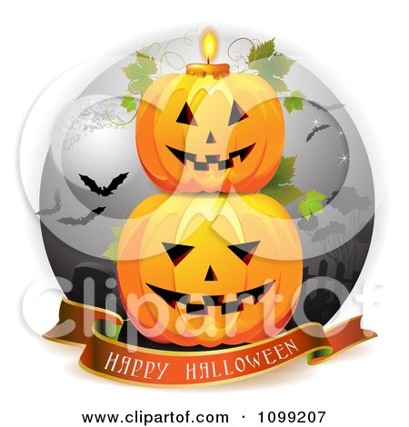Clipart Happy Halloween Greeting Banner Under Stacked Jackolanterns In A Graveyard With A Candle - Royalty Free Vector Illustration by merlinul