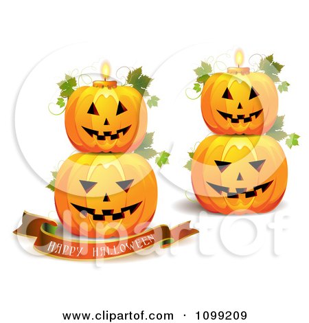 Clipart Happy Halloween Greeting Banner With Stacked Pumpkins And Candles - Royalty Free Vector Illustration by merlinul