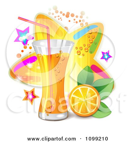 Clipart Tall Glass Of Orange Juice With A Slice And Colorful Stars - Royalty Free Vector Illustration by merlinul