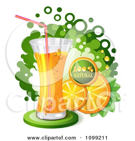 Clipart Tall Glass Of Orange Soda Pop With Slices And A Natural Icon Over Green Dots - Royalty Free Vector Illustration by merlinul