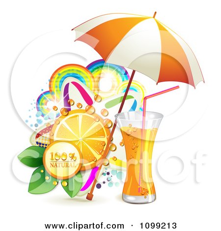 Clipart Background Of Natural Orange Juice Or Soda With An Umbrella Slice And Colorful Rainbows And Stars - Royalty Free Vector Illustration by merlinul