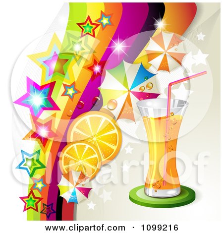 Clipart Background Of An Orange Drink With Slices Umbrellas Stars And A Rainbow - Royalty Free Vector Illustration by merlinul