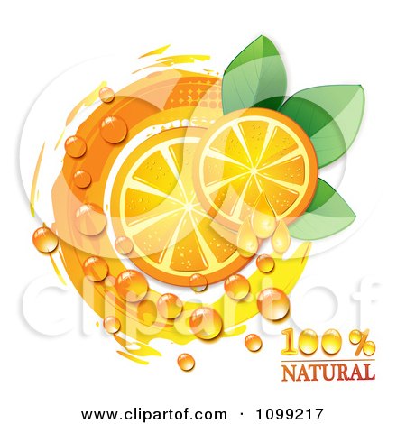 Clipart Natural Orange Slices With Juice Drops Dew Leaves And A Circle - Royalty Free Vector Illustration by merlinul