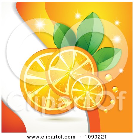 Clipart Background Of Orange Slices With Sparkles Dew Leaves And Waves - Royalty Free Vector Illustration by merlinul