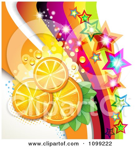 Clipart Background Of Orange Slices With Sparkling Stars And Rainbow Waves - Royalty Free Vector Illustration by merlinul