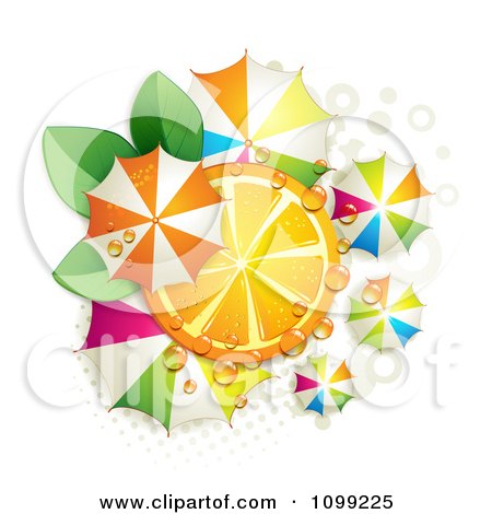 Clipart Orange Slice With Leaves Dew And Colorful Umbrellas Over Halftone - Royalty Free Vector Illustration by merlinul