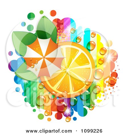 Clipart Orange Slice With An Umbrella Leaves Dew And Rainbow Stripes - Royalty Free Vector Illustration by merlinul