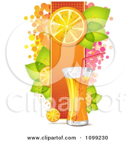Clipart Tall Glass Of Orange Drink With A Halftone Panel Of Slices Leaves And Dots - Royalty Free Vector Illustration by merlinul