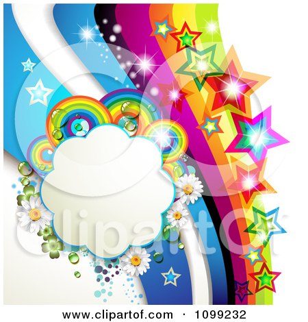Clipart Background Of A Rainbow Swoosh With Colorful Stars And A Floral Cloud Frame - Royalty Free Vector Illustration by merlinul