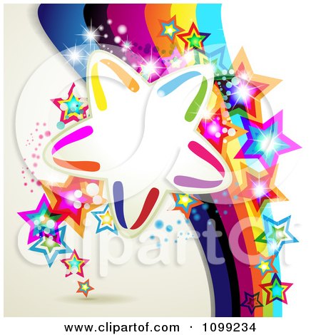 Clipart Background Of A Rainbow Stripes With Colorful Stars And Frame - Royalty Free Vector Illustration by merlinul