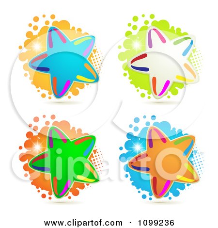 Clipart Four Rainbow Stars Over Halftone And Splatters - Royalty Free Vector Illustration by merlinul