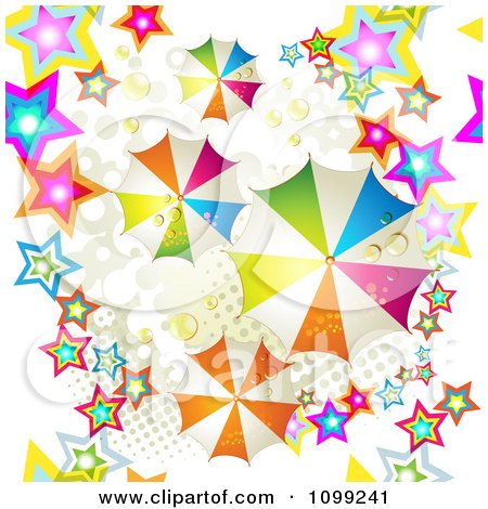 Clipart Seamless Background Pattern Of Colorful Umbrellas And Stars With Halftone - Royalty Free Vector Illustration by merlinul