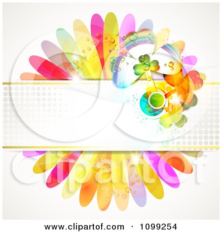 Clipart St Patricks Day Background Of Shamrocks On A Halftone Banner And Flower Petals - Royalty Free Vector Illustration by merlinul
