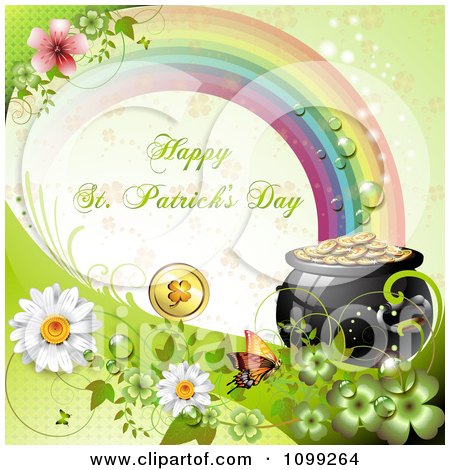 Clipart Happy St Patricks Day Greeting Under A Rainbow With A Pot Of Gold Flowers And Butterfly - Royalty Free Vector Illustration by merlinul