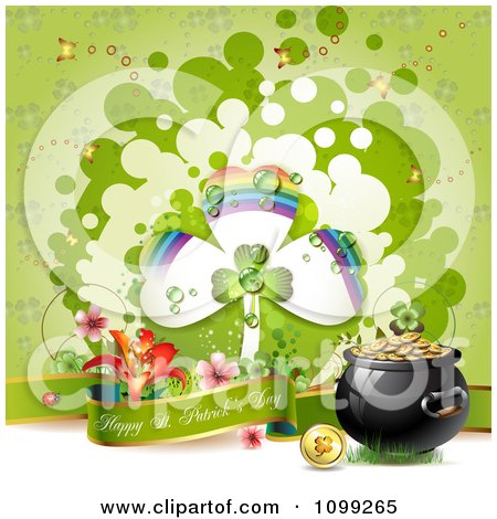 Clipart Happy St Patricks Day Greeting With A Pot Of Gold Flowers And Rainbow Shamrock - Royalty Free Vector Illustration by merlinul