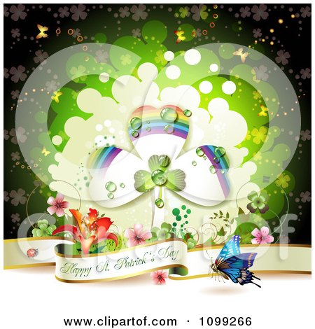 Clipart Happy St Patricks Day Greeting With A Butterfly Flowers And Shamrocks - Royalty Free Vector Illustration by merlinul