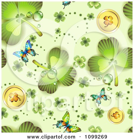 Clipart Seamless St Patricks Day Background Pattern Of Shamrocks Coins And Butterflies - Royalty Free Vector Illustration by merlinul