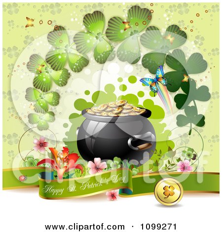 Clipart Happy St Patricks Day Greeting With A Pot Of Gold Butterflies And Shamrock Arch - Royalty Free Vector Illustration by merlinul
