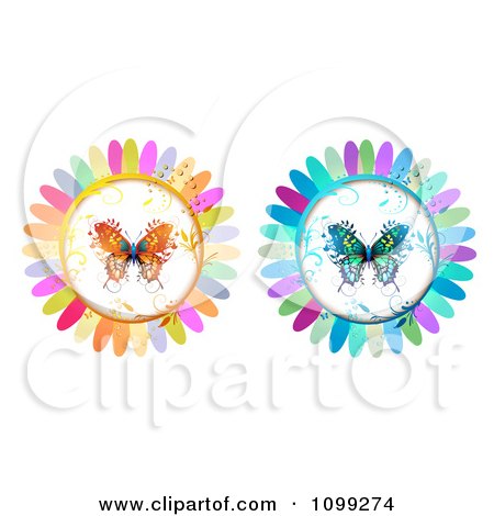 Clipart Orange And Blue Butterflies In Flower Petal Circles - Royalty Free Vector Illustration by merlinul