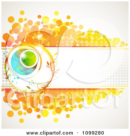 Clipart Background Of A Floral Sphere With A Haltone Banner Over Orange Dots - Royalty Free Vector Illustration by merlinul