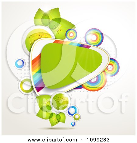 Clipart Green Triangle With Rainbow Stripes Circles And Leaves And Spheres Over Halftone And White - Royalty Free Vector Illustration by merlinul