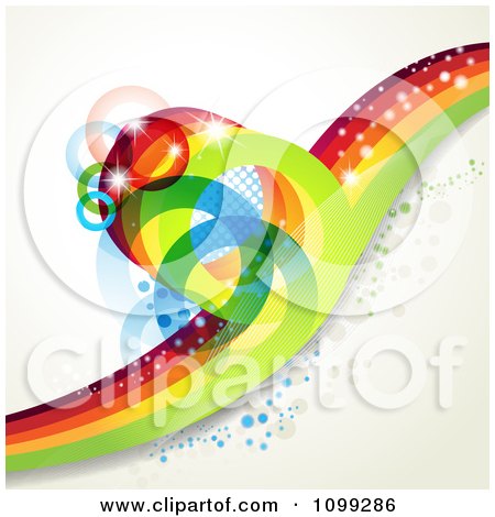 Clipart Background Of A Sparkly Rainbow Wave With Rings Bubbles And Flares - Royalty Free Vector Illustration by merlinul