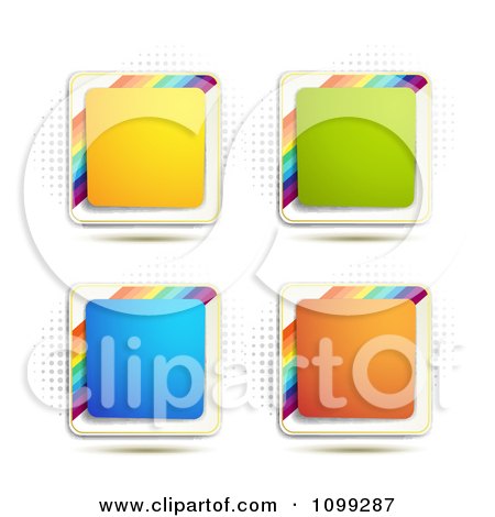 Clipart Yellow Green Blue Orange Square Icon Buttons With Rainbows Over Halftone - Royalty Free Vector Illustration by merlinul
