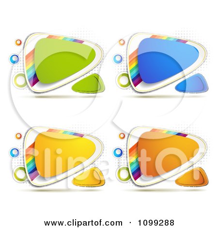 Clipart Yellow Green Blue Orange Triangular Icon Buttons With Rainbows Over Halftone - Royalty Free Vector Illustration by merlinul