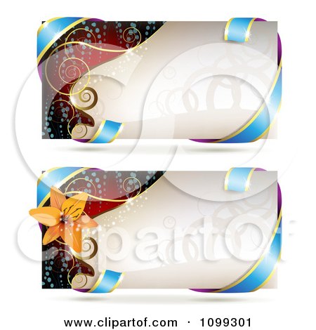 Clipart Beige And Red Swirl Website Banners With Gold Swirls Blue Ribbons And A Lily Flower - Royalty Free Vector Illustration by merlinul