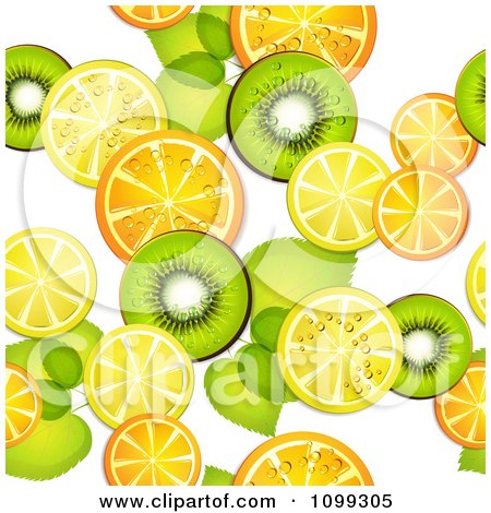 Clipart Seamless Background Pattern Of Orange Kiwi And Lemon Slices With Leaves - Royalty Free Vector Illustration by merlinul