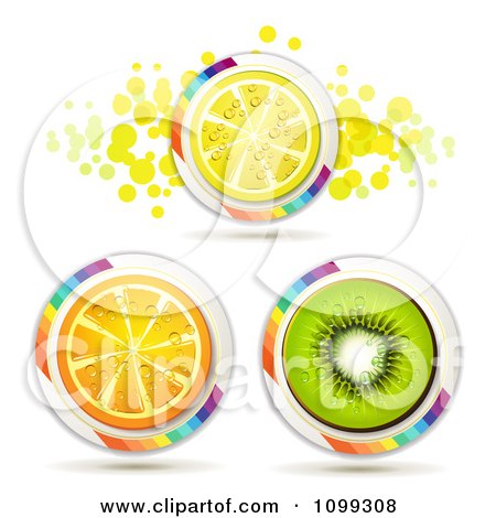 Clipart Orange Kiwi And Lemon Slice Icons With Rainbow Stripes And Dots - Royalty Free Vector Illustration by merlinul