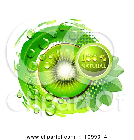 Clipart Natural Label Over Kiwi Slices Over Green Leaves Circle And Halftone - Royalty Free Vector Illustration by merlinul