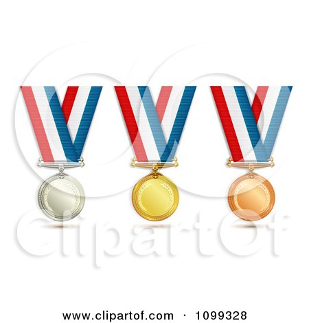 Clipart 3d Silver Gold And Bronze Award Medals On Red White And Blue Ribbons - Royalty Free Vector Illustration by merlinul