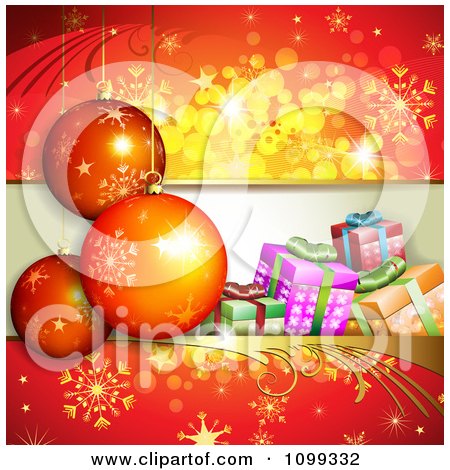 Clipart Red Background Of 3d Christmas Baubles With Gift Boxes And Snowflakes - Royalty Free Vector Illustration by merlinul