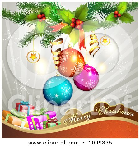 Clipart Merry Christmas Greeting With 3d Gifts Baubles Holly And Snowflakes - Royalty Free Vector Illustration by merlinul