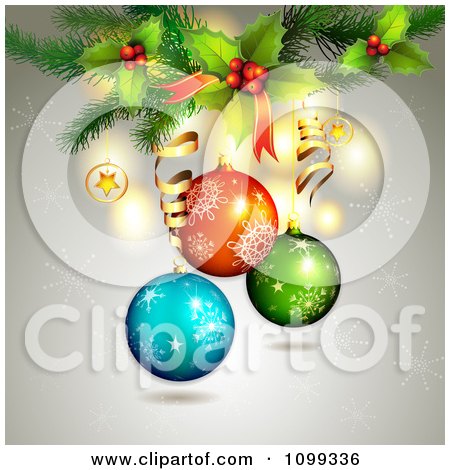 Clipart Background Of 3d Christmas Baubles Over Gray With Snowflakes And Holly - Royalty Free Vector Illustration by merlinul