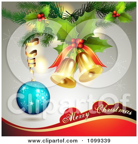 Clipart Merry Christmas Greeting With 3d Jingle Bells Holly Bauble And Snowflakes - Royalty Free Vector Illustration by merlinul