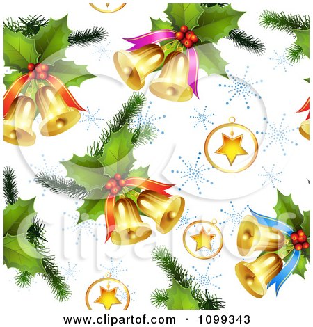 Clipart Seamless Christmas Background Of 3d Stars Holly And Bells With Snowflakes - Royalty Free Vector Illustration by merlinul