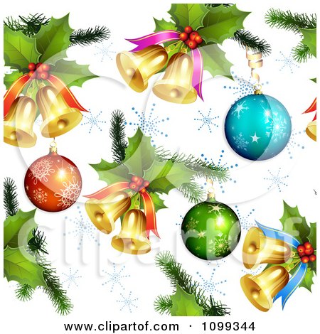 Clipart Seamless Christmas Background Of 3d Baubles Holly And Bells With Snowflakes - Royalty Free Vector Illustration by merlinul