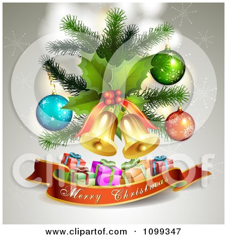 Clipart Merry Christmas Banner Under 3d Gifts Jingle Bells Holly And Ornaments With Snowflakes - Royalty Free Vector Illustration by merlinul