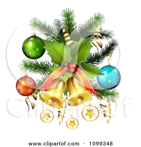 Clipart 3d Christmas Baubles Stars Ribbons Holly And Bells Hanging From A Branch - Royalty Free Vector Illustration by merlinul