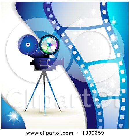 Clipart Blue Movie Camera And Film Strip Background - Royalty Free Vector Illustration by merlinul