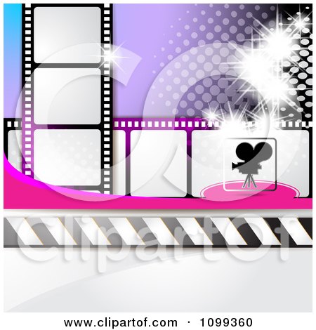 Clipart Silhouetted Movie Camera With Film Strips And Purple Halftone - Royalty Free Vector Illustration by merlinul