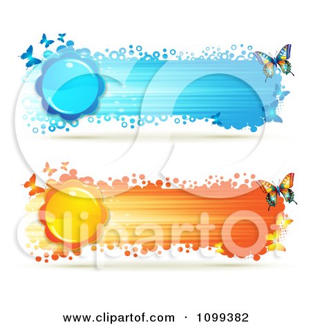 Clipart Blue And Orange Streak Banners With Butterflies And Flowers - Royalty Free Vector Illustration by merlinul