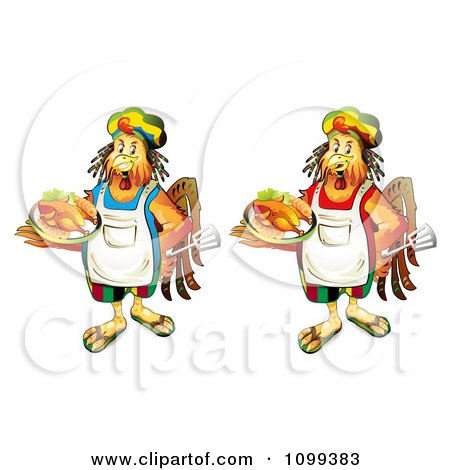 Clipart Rastarfarian Chef Roosters Holding Roasted Chickens - Royalty Free Vector Illustration by merlinul