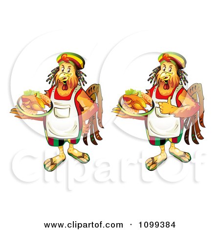 Clipart Two Rastarfarian Chef Roosters Serving Chicken - Royalty Free Vector Illustration by merlinul