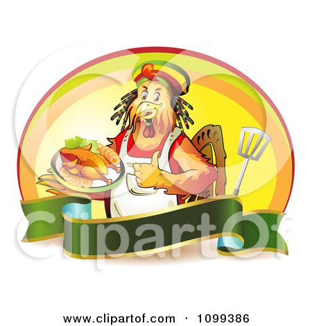 Clipart Rastarfarian Chef Rooster Holding A Plate Of Chicken And A Thumb Up Over A Banner With A Spatula And Oval - Royalty Free Vector Illustration by merlinul