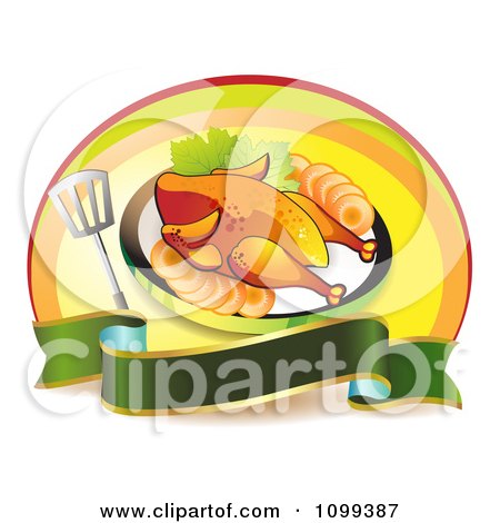 Clipart Roasted Chicken With A Spatula And Blank Banner Oval - Royalty Free Vector Illustration by merlinul
