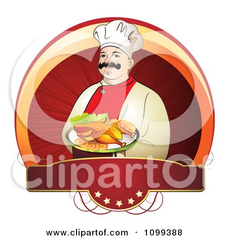 Clipart Happy Male Chef Serving Chicken Over A Circle With A Red Five Star Blank Banne - Royalty Free Vector Illustration by merlinul